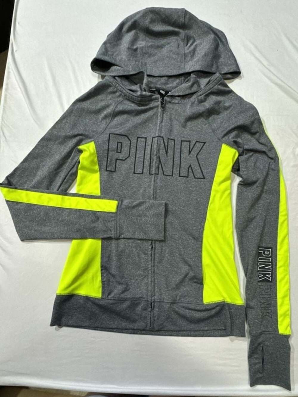 N447 Victoria's Secret PINK Full Zip Hoodie Jacket Gray Neon Yellow Size XS